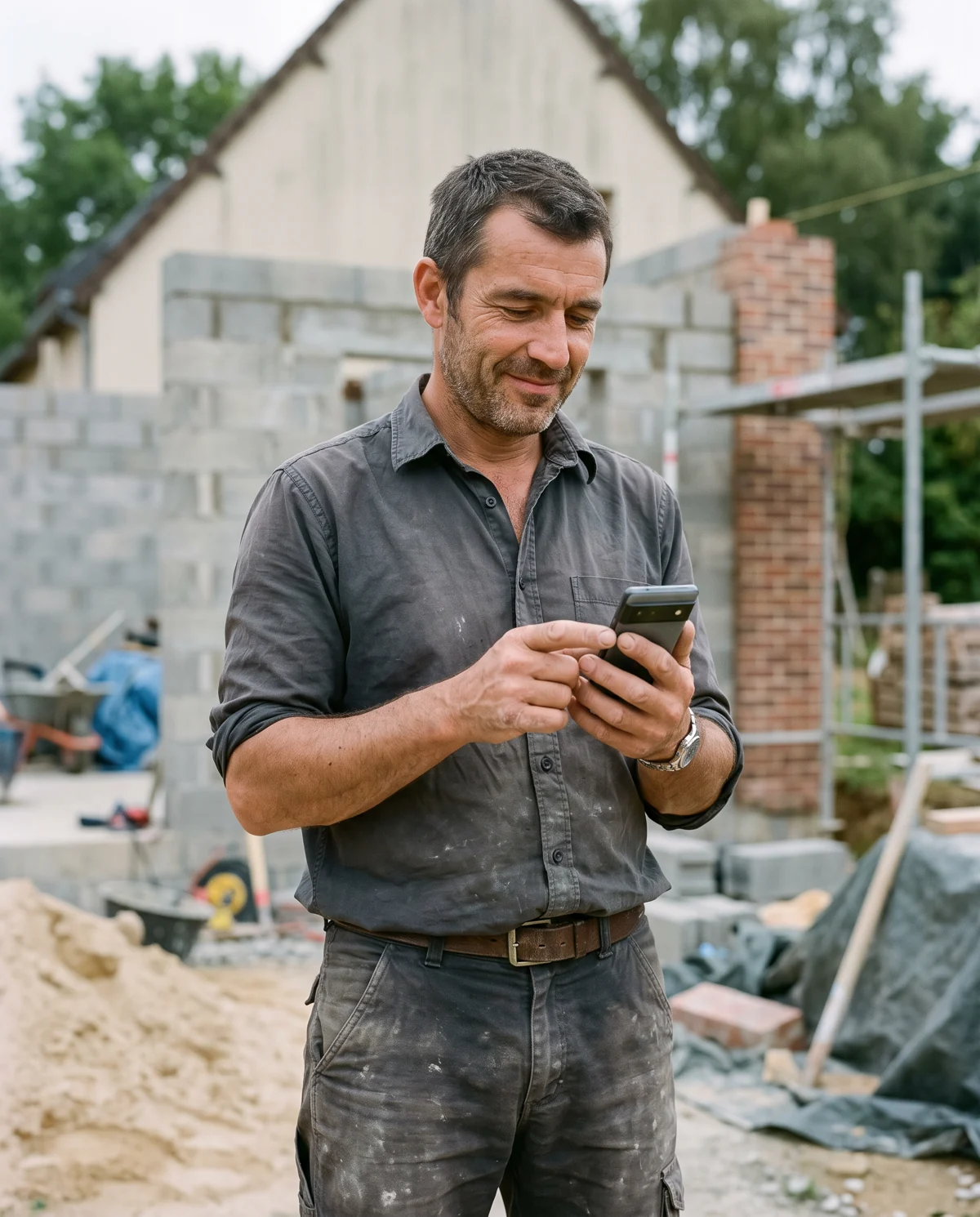 Illustration d’un maçon consultant son téléphone pendant une pause sur un chantier