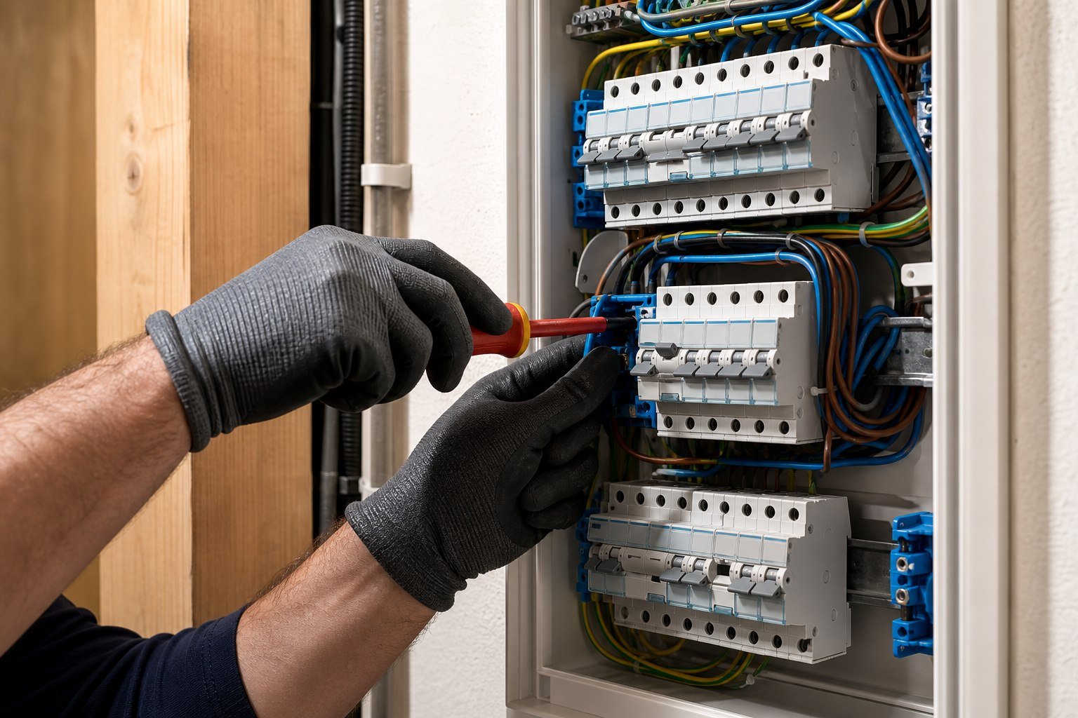 Électricien raccordant un tableau électrique