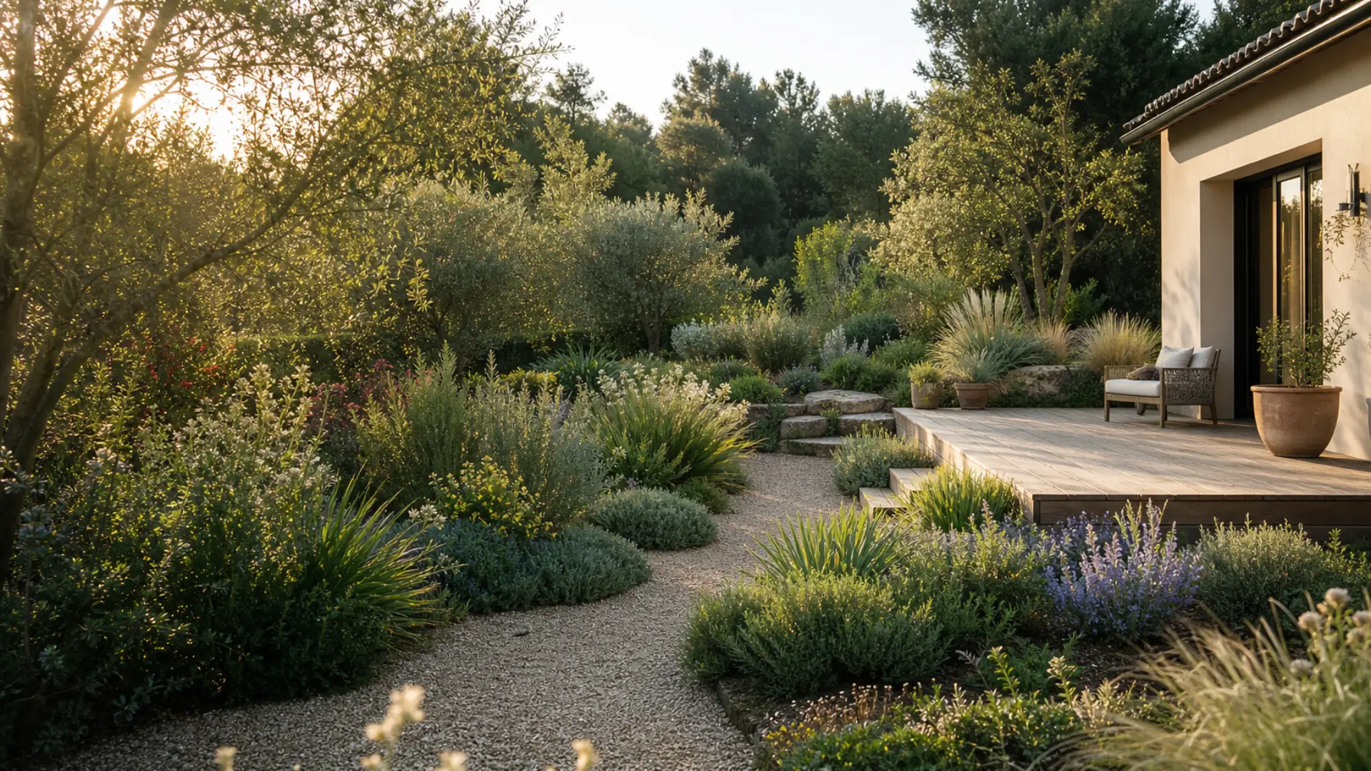 Vue d'un jardin méditerranéen naturaliste intime au soleil du matin